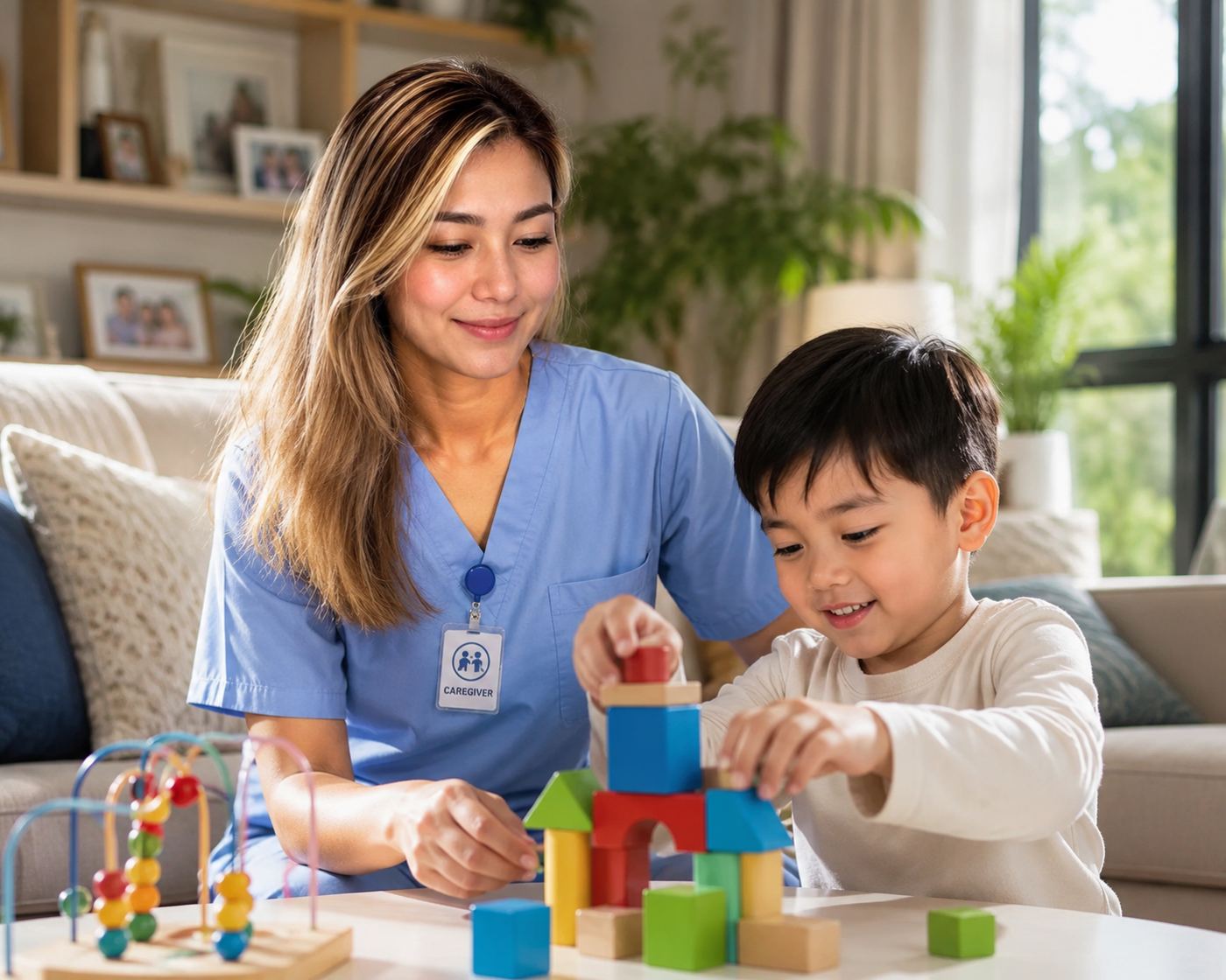 Roxanne playing building blocks with a young boy