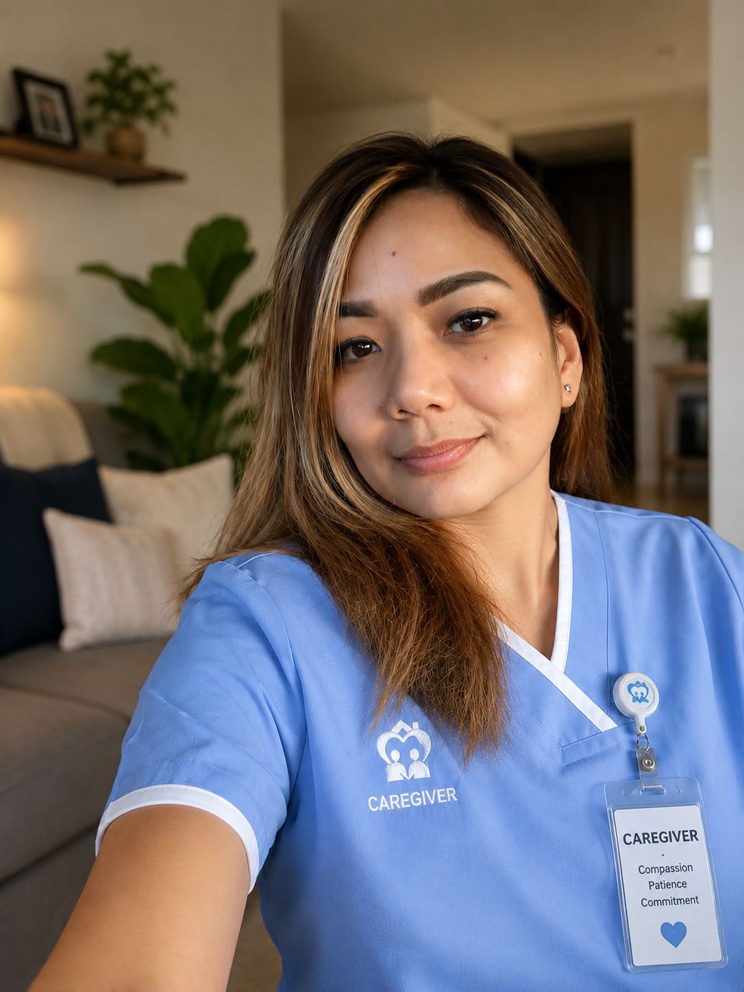 Roxanne Sison Gonzales in caregiver scrubs
